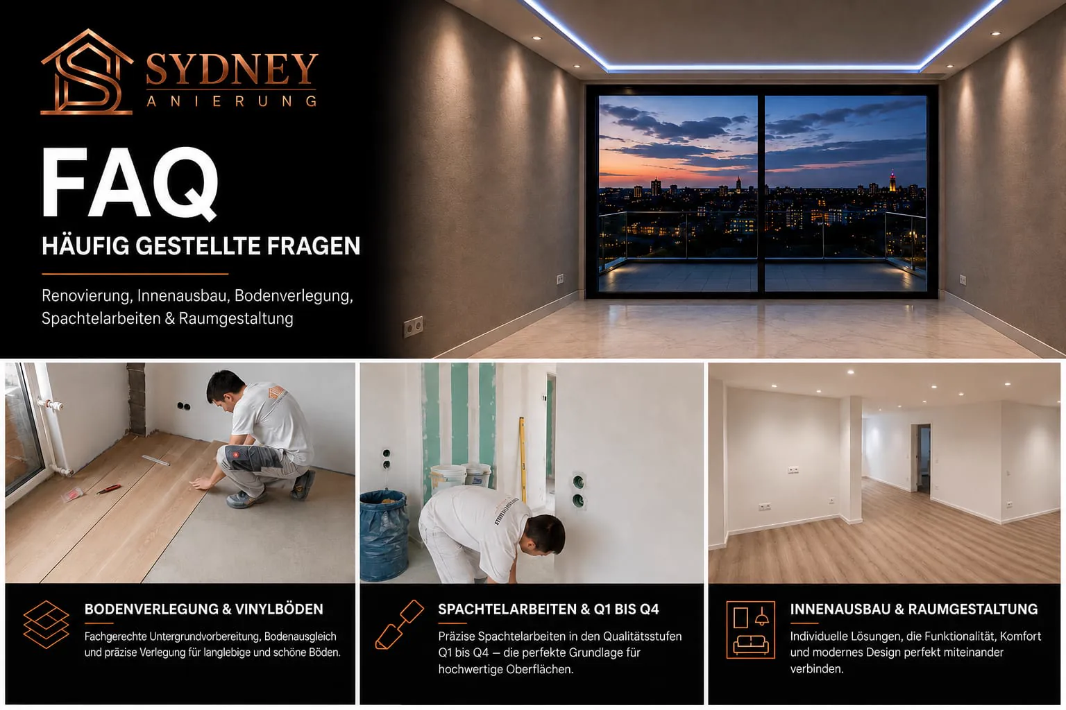 Drei Arbeitsbereiche von Sydney Sanierung: Bodenverlegung und Vinylböden mit fachgerechter Untergrundvorbereitung, Spachtelarbeiten in den Qualitätsstufen Q1 bis Q4 sowie Innenausbau und Raumgestaltung.