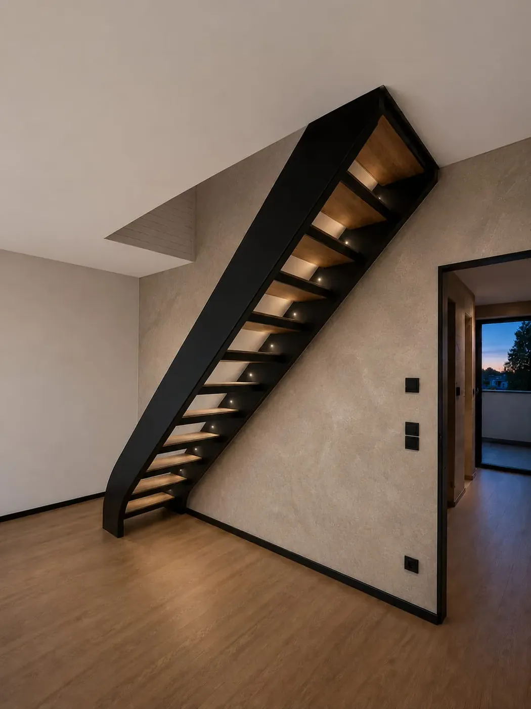 Renovierter Treppenaufgang der Maisonette-Wohnung in Stockum mit ruhiger Wandfläche und Holzboden