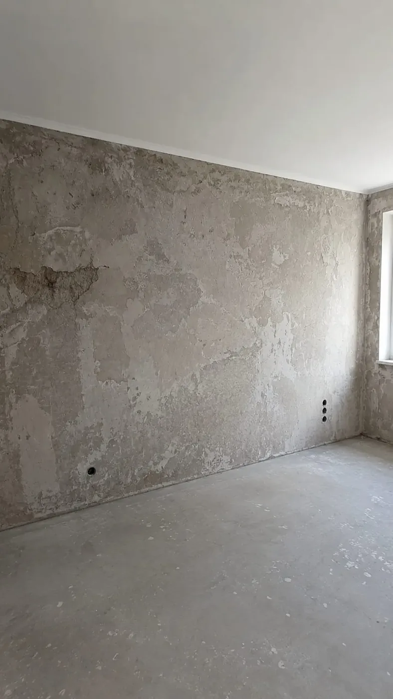 Schlafzimmerwand in Hilden vor der Gestaltung mit rohem Putzuntergrund