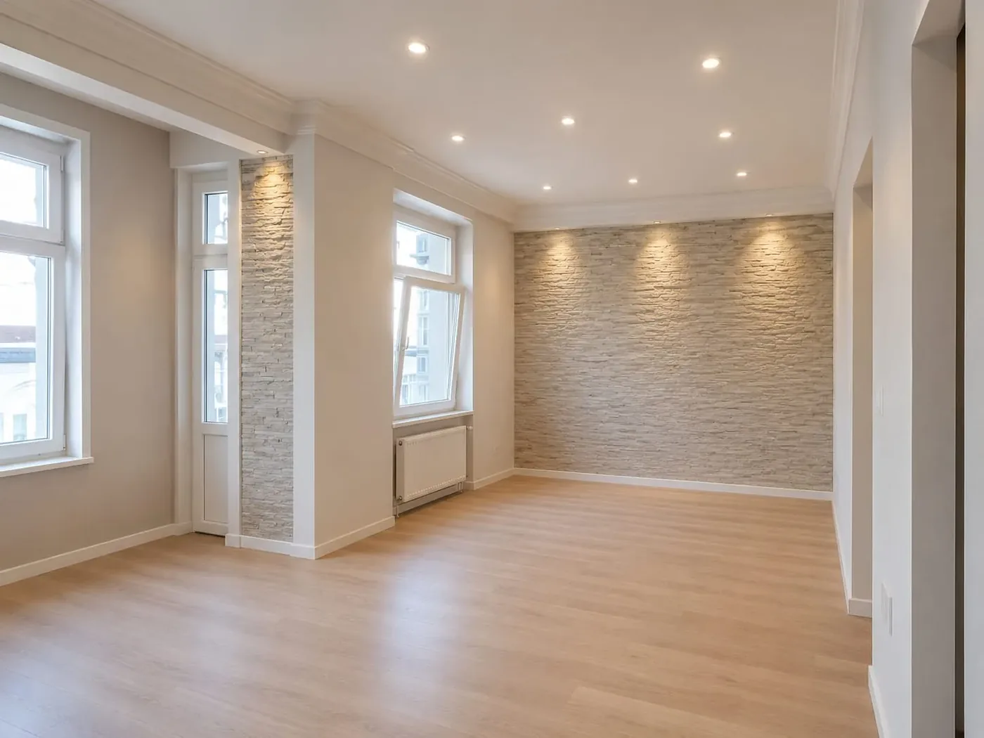 Fertiger Wohnraum in Düsseldorf-Bilk mit heller Steinwand, abgehängter Decke und neuem Boden